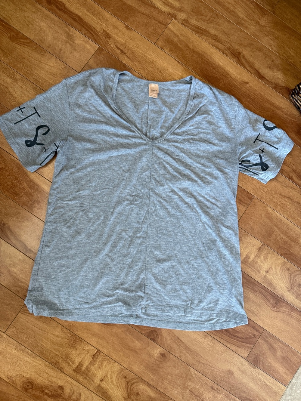 Smash + Tess Heather Gray V-Neck Tee with Sleeve Script